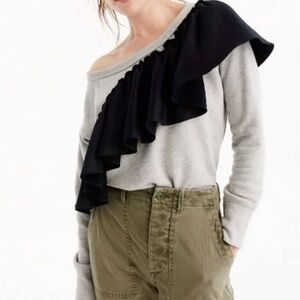 J.Crew XXXS Oversized Black Ruffled Asymmetrical Crewneck